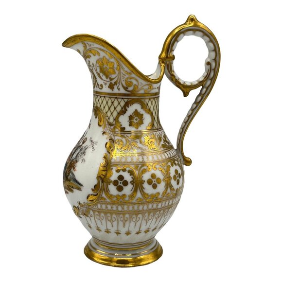 Antique Dresden Ohme Germany Creamer & Sugar Hand Painted Watteau Scenes Gold - Picture 5 of 16